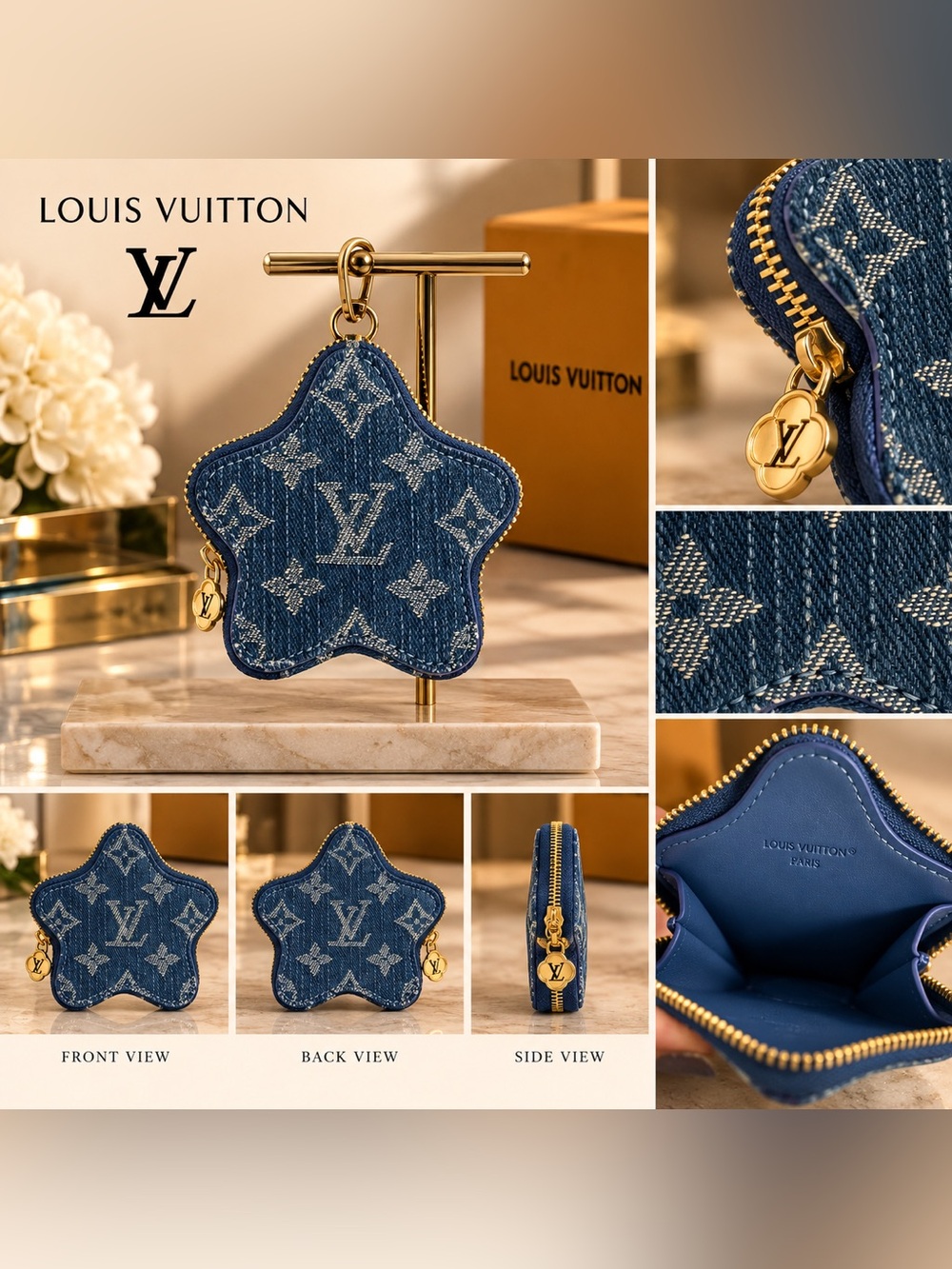 Blue Denim Monogram Star Coin Pouch